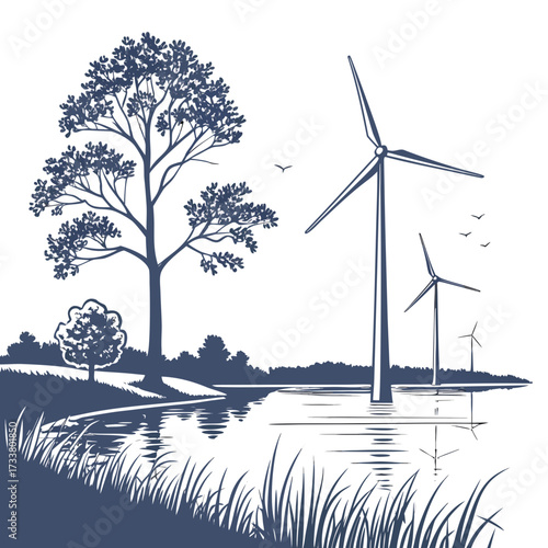 Wind turbines stand tall in a serene landscape with a calm lake reflecting the sky and trees