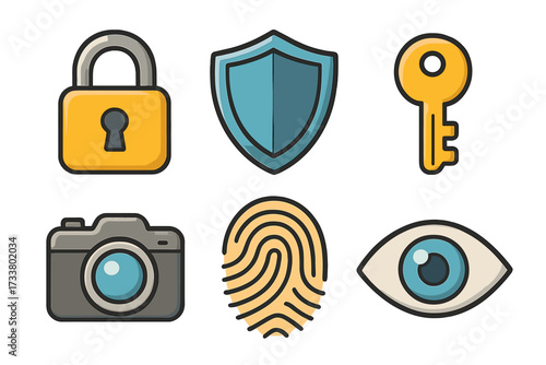 Security and privacy icons collection. Lock, shield, key, fingerprint, camera, and eye symbols. Vector illustration for data protection, web safety, and authentication concepts.