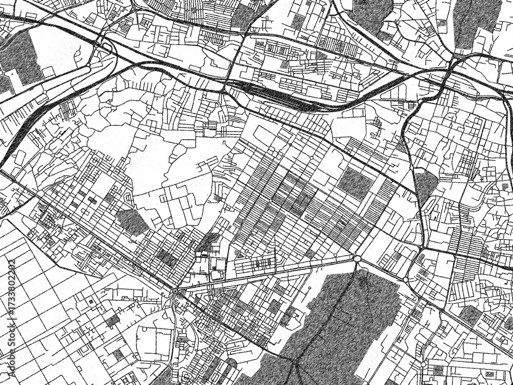 Naklejka premium Hand-drawn style black and white city map of Karol Bagh, India, with detailed streets and textures.