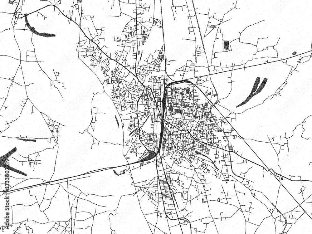 Obraz premium Urban black and white map of Katihar, India, designed in a sketch style for prints.