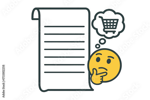 Shopping list concept with thinking emoji. Vector illustration for planning, reminders, and to-do lists. Blank checklist with copy space for groceries and what to buy.