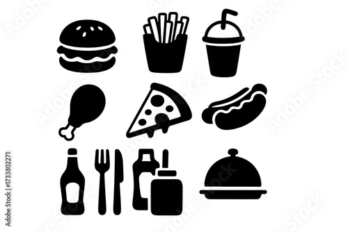 Fast food silhouette icon set. Junk food vector collection for restaurant menu. Burger, french fries, pizza, hot dog, chicken leg, soda. Unhealthy eating graphic symbols.