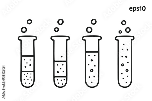 Test tube icon set. Vector doodle illustration of chemical reaction. Science and chemistry laboratory equipment. Medical research, analysis, experiment. Bubbling liquid.