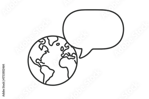 Global communication concept. World dialogue icon. Earth with speech bubble. International language & translation vector. Planet talking pictogram line art. Global message.