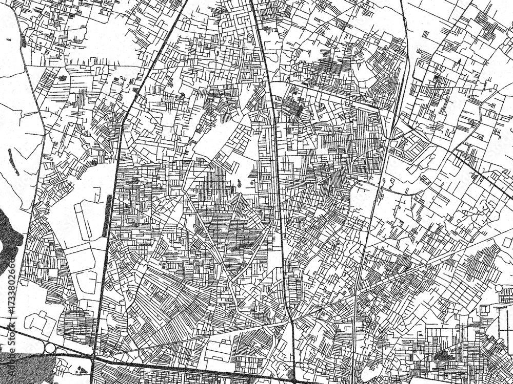 Naklejka premium Illustrated city map of Loni, India, in black and white, showing roads and textures.