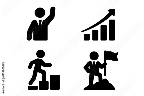 Success icon set. Career growth, leadership, achievement concept. Man climbing stairs pictogram. Businessman on mountain top with flag. Bar chart with arrow up. Goal, victory.