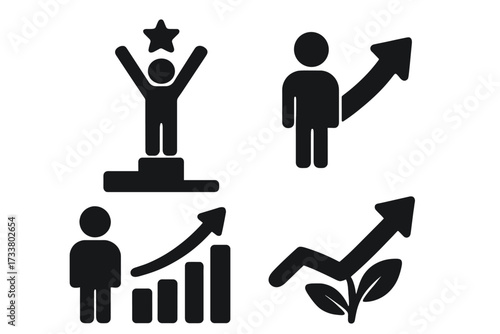 Success and growth vector icon set. Career progress and personal development symbols. Business achievement, winner on podium, and financial improvement chart silhouette signs.