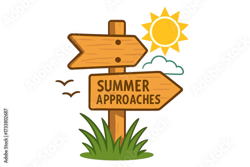 Summer approaches concept. Wooden signpost arrow. Seasonal change. Beginning of vacation, holiday and travel time. Sunny weather forecast. Vector direction sign illustration.