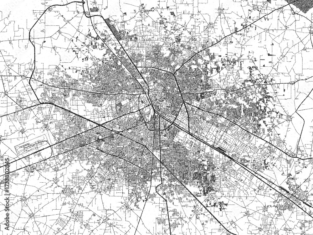 Fototapeta premium Black and white cartographic illustration of Ludhiana, India, in hand-drawn sketch form.