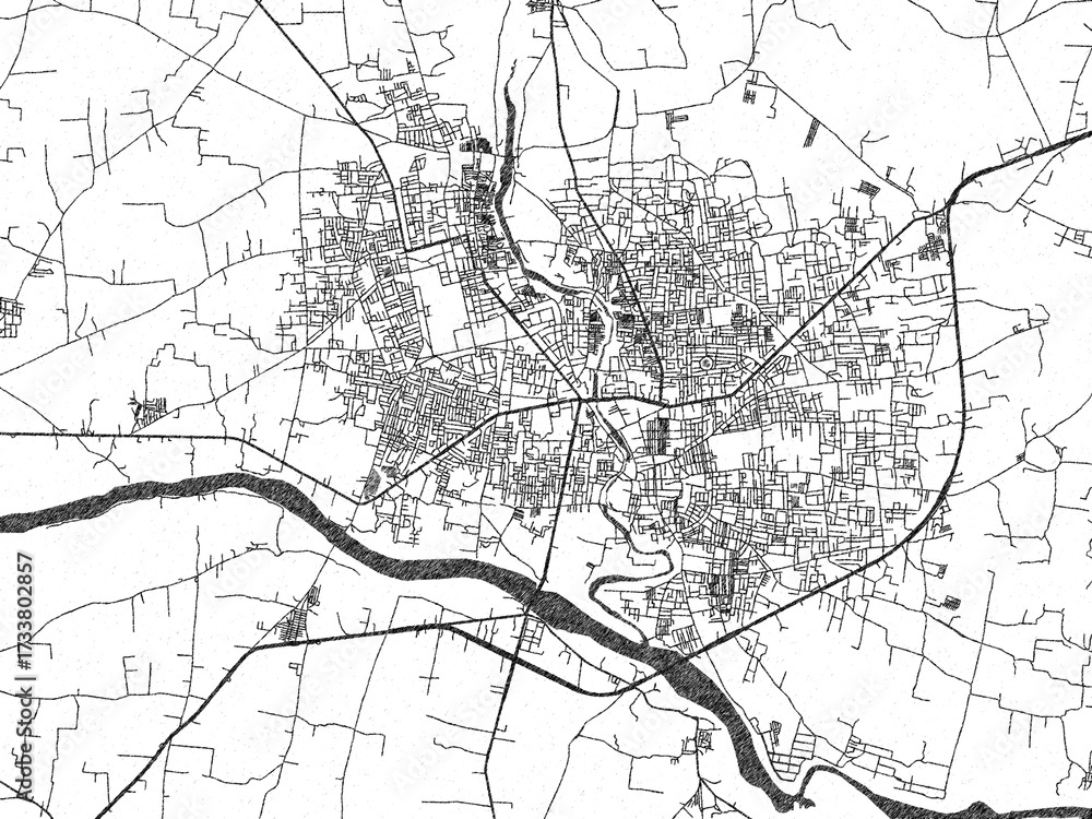 Naklejka premium Hand-drawn style black and white city map of Malegaon, India, ready for wall art or editorial projects.