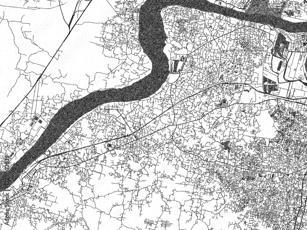 Naklejka premium Stylized black and white urban map of Maheshtala, India, hand-drawn style for decor and creative use.