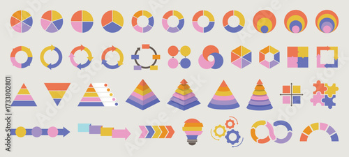 Set of colorful flat infographic templates with pie charts, pyramids, cycles, progress diagrams and circular flow. Ideal for presentations, business reports, analytics, marketing, data visualization.