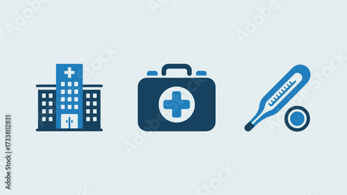 Medical icon set with hospital first aid kit and thermometer simple flat vector design for healthcare and medical presentations isolated on white background