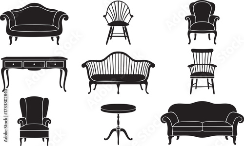 Antique Sofa and Armchair Silhouette Vector Icons for Interior Design