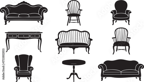 Vintage Furniture Silhouette Icons Vector Collection of Sofa Chair and Table
