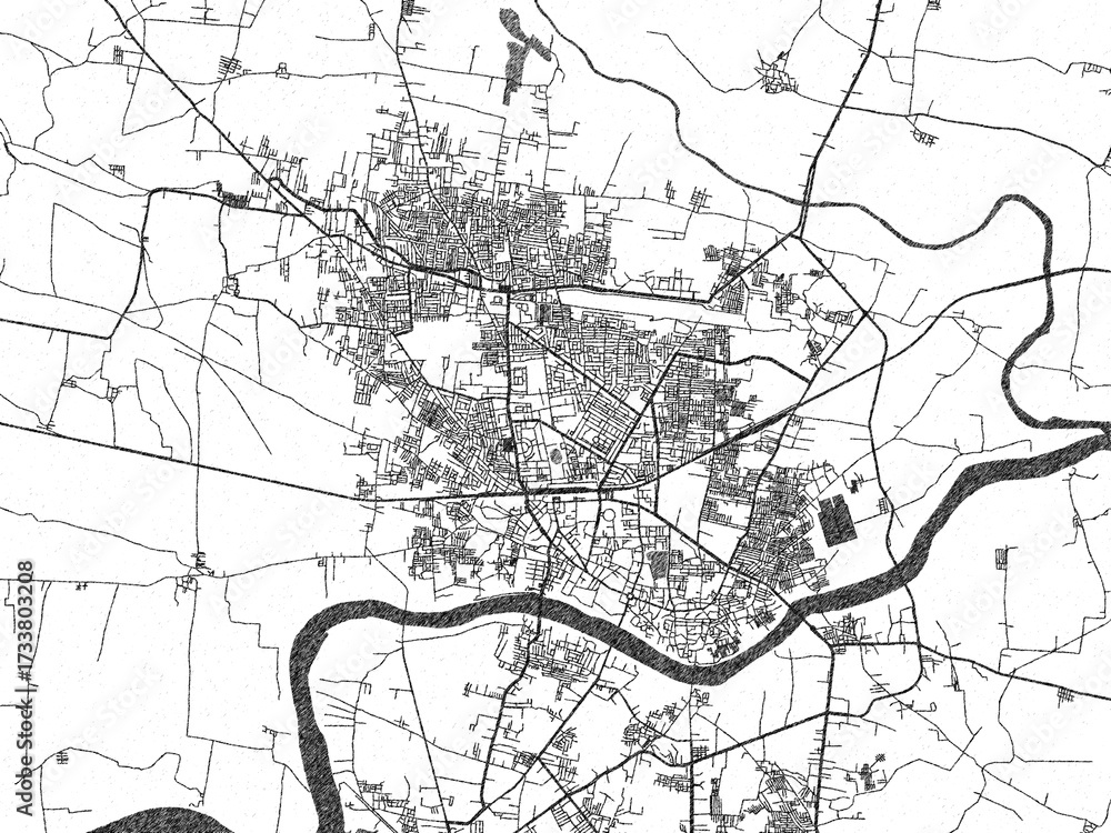 Fototapeta premium Decorative black and white map of Nanded, India, rendered in sketch-like style.