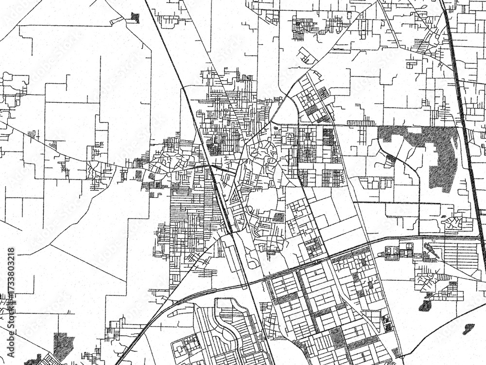 Obraz premium Illustrated city map of Narela, India, in black and white, showing roads and textures.
