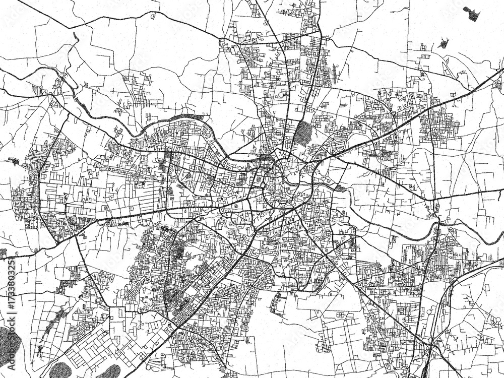 Fototapeta premium Decorative black and white map of Nashik, India, rendered in sketch-like style.
