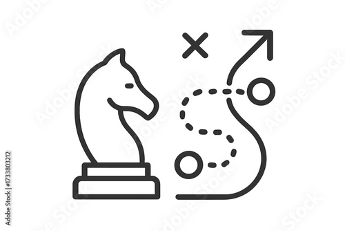 Business strategy icon. Strategic planning. Tactic, solution. Chess knight. Roadmap, path to success. Goal, mission, vision concept. Project management. Direction, move.