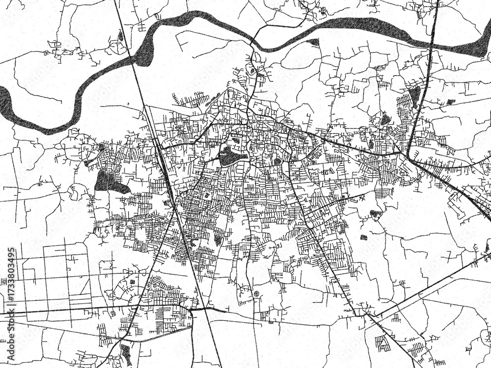 Naklejka premium Illustrated map of Navsari, India, in black and white hand-drawn digital style.