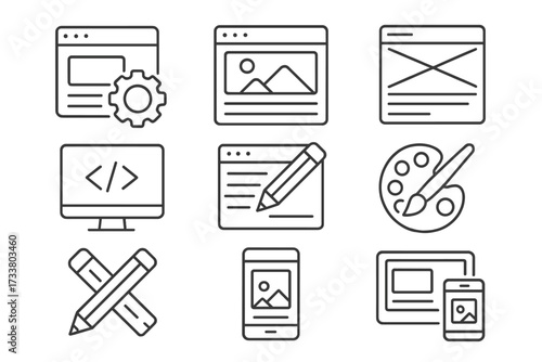 Web design and development icon set. UI UX line icons. Website creation, coding, programming, content writing, graphic design. Responsive layout for mobile and desktop.