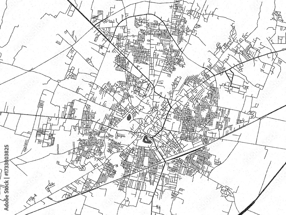 Naklejka premium City map illustration of Orai, India, rendered in black and white sketch style.