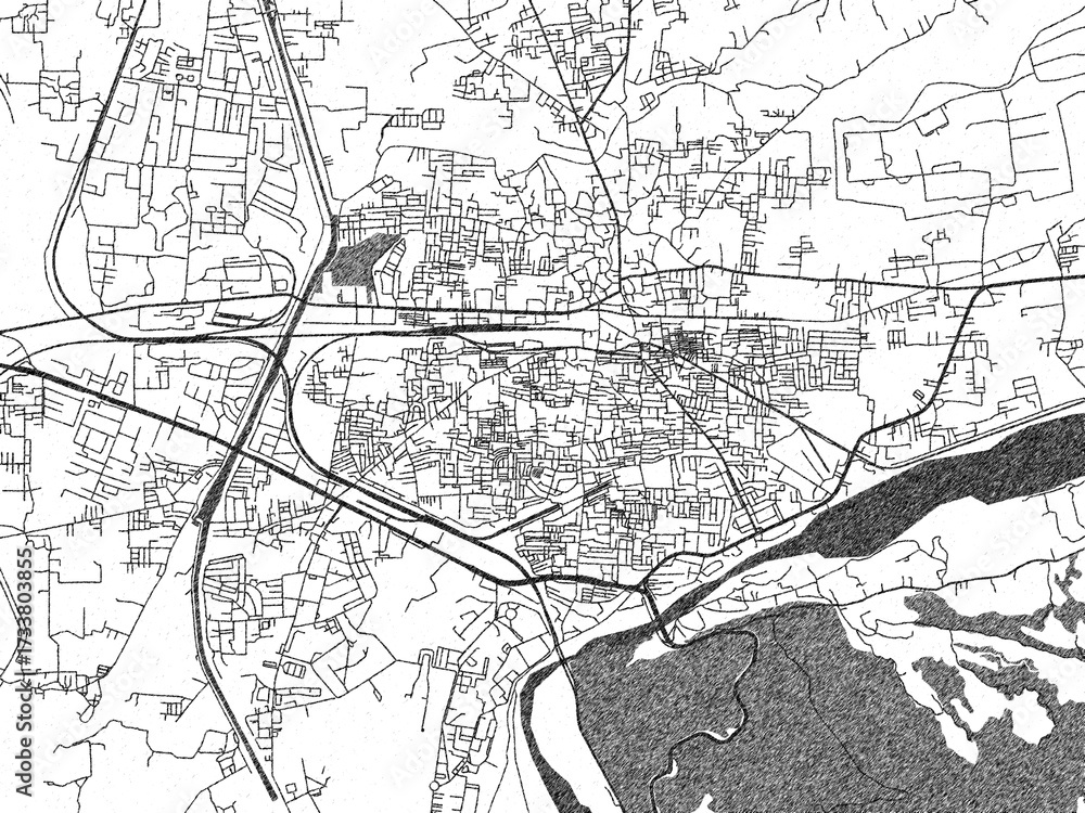 Fototapeta premium Black and white map poster of Pathankot, India, illustrated in hand-drawn style.