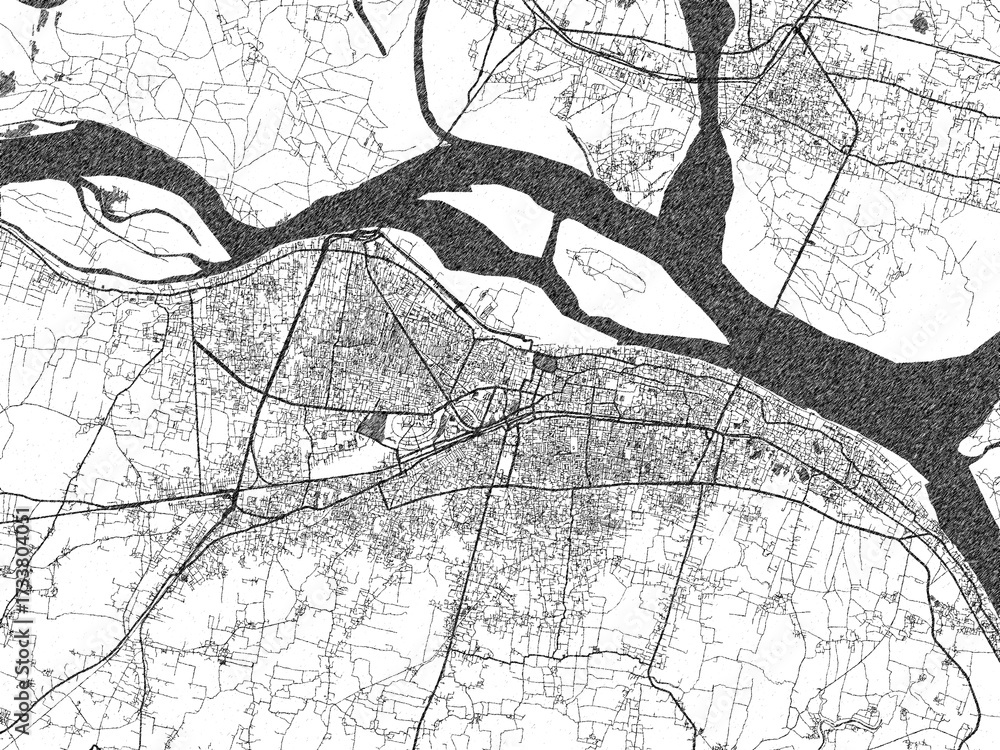 Naklejka premium City map illustration of Patna, India, rendered in black and white sketch style.