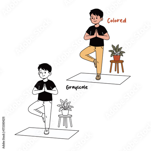 Colored and Grayscale Man in Tree Yoga Pose