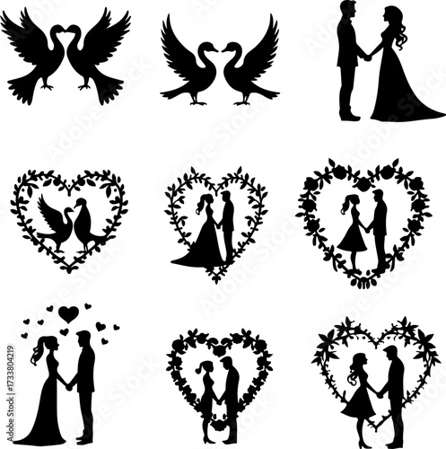 Romantic Couple and Love Birds Silhouette Bundle