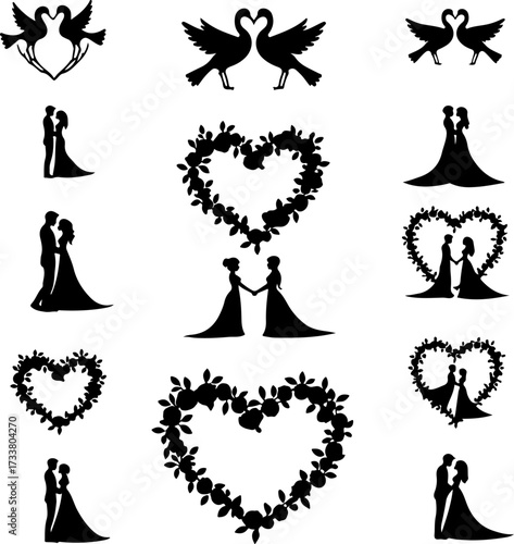 Romantic Couple and Love Birds Silhouette Bundle