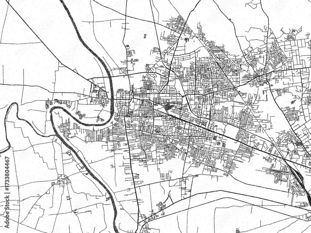Naklejka premium Decorative black and white map of Sangli, India, rendered in sketch-like style.