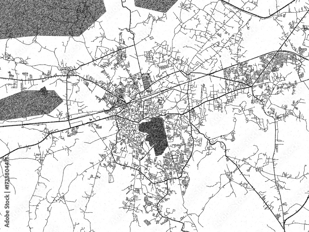 Fototapeta premium Minimal poster-style map of Saugor, India, hand-drawn style in monochrome.