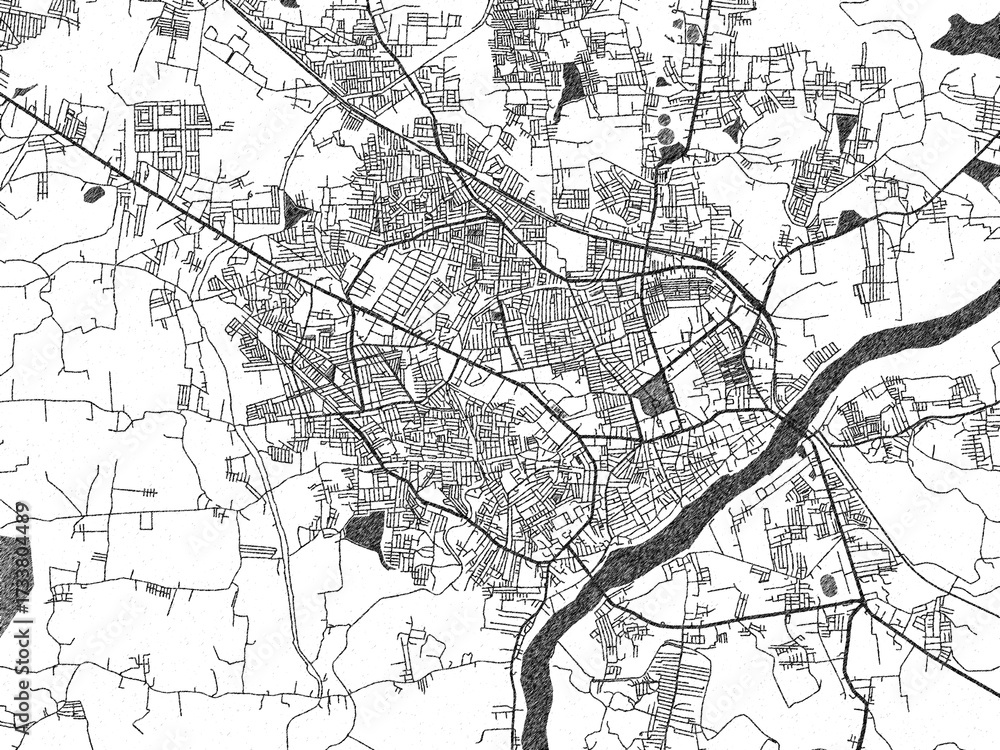 Naklejka premium Stylized decorative city map of Shimoga, India, hand-drawn in black and white.