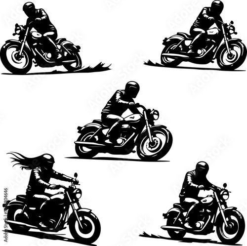 Black and White Motorcycle Rider Silhouettes Vector Bundle
