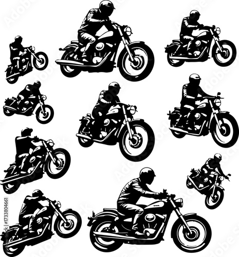 Black and White Motorcycle Rider Silhouettes Vector Bundle