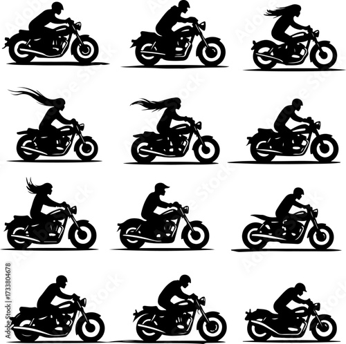 Black and White Motorcycle Rider Silhouettes Vector Bundle