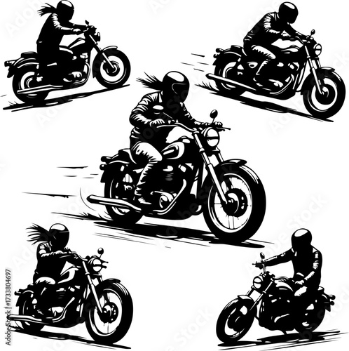 Black and White Motorcycle Rider Silhouettes Vector Bundle