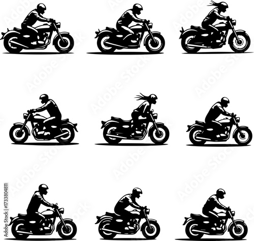 Black and White Motorcycle Rider Silhouettes Vector Bundle