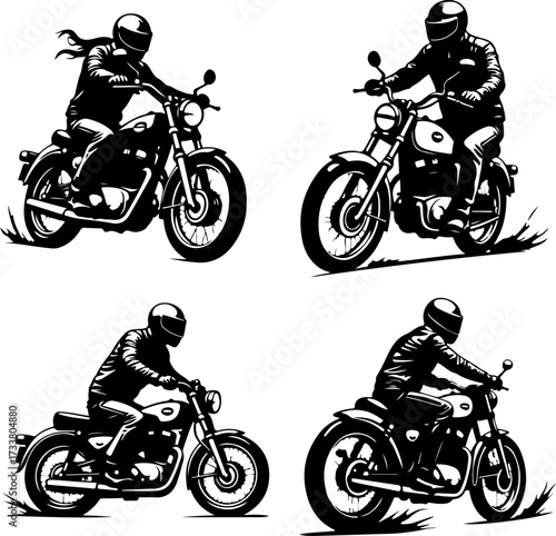 Black and White Motorcycle Rider Silhouettes Vector Bundle