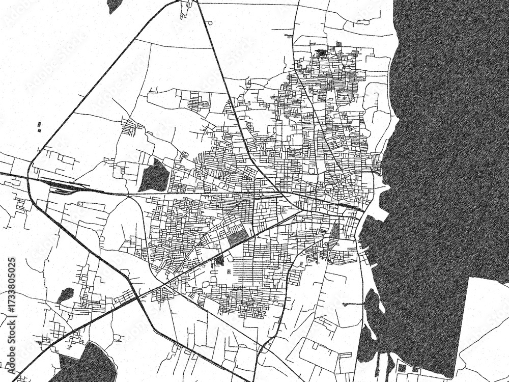 Naklejka premium Detailed black and white map of Thoothukudi, India, in artistic sketch style.