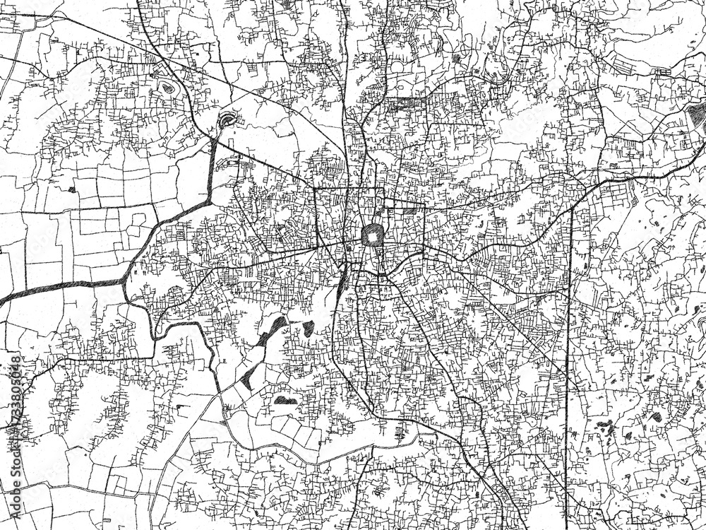 Naklejka premium Black and white map poster of Thrissur, India, illustrated in hand-drawn style.