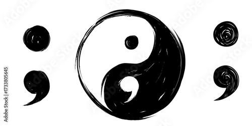 Hand Drawn Brush Style Yin Yang with Semicolon Logo Vector Illustration. Minimalist Mental Health Awareness Symbol, Creative Tattoo Design in Black and White Isolated on White Background