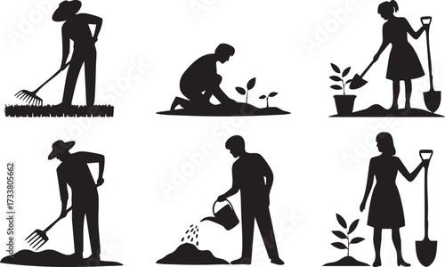 Gardening Activity Silhouettes Collection with Rake Shovel and Watering Can