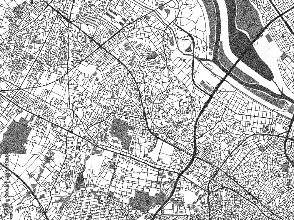 Fototapeta premium Decorative monochrome illustration of Asaka, Japan, showing its detailed grid.