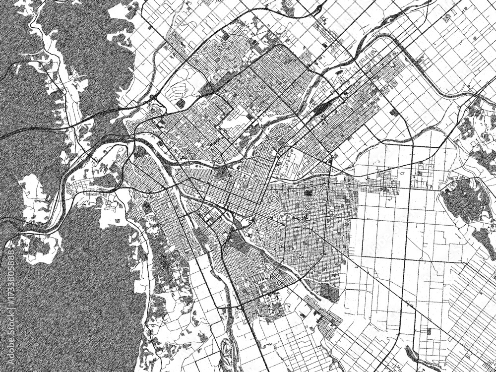 Naklejka premium Monochrome hand-drawn map of Asahikawa, Japan, ideal for decorative and editorial use.