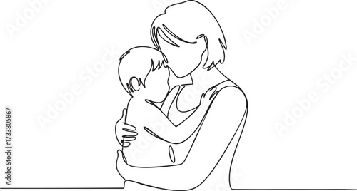 Mother and Child Embrace Line Drawing Vector Representing Love and Parenthood