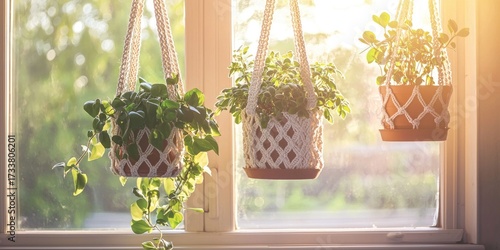 Three potted plants hanging from a window, with sunlight filtering through the leaves, casting a warm glow.