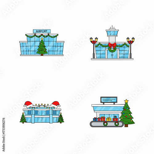 Festive airport buildings and control tower decorated for the winter holidays with Christmas trees and garlands
