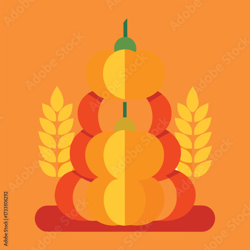 A stacked arrangement of pumpkins and wheat stalks on an orange background